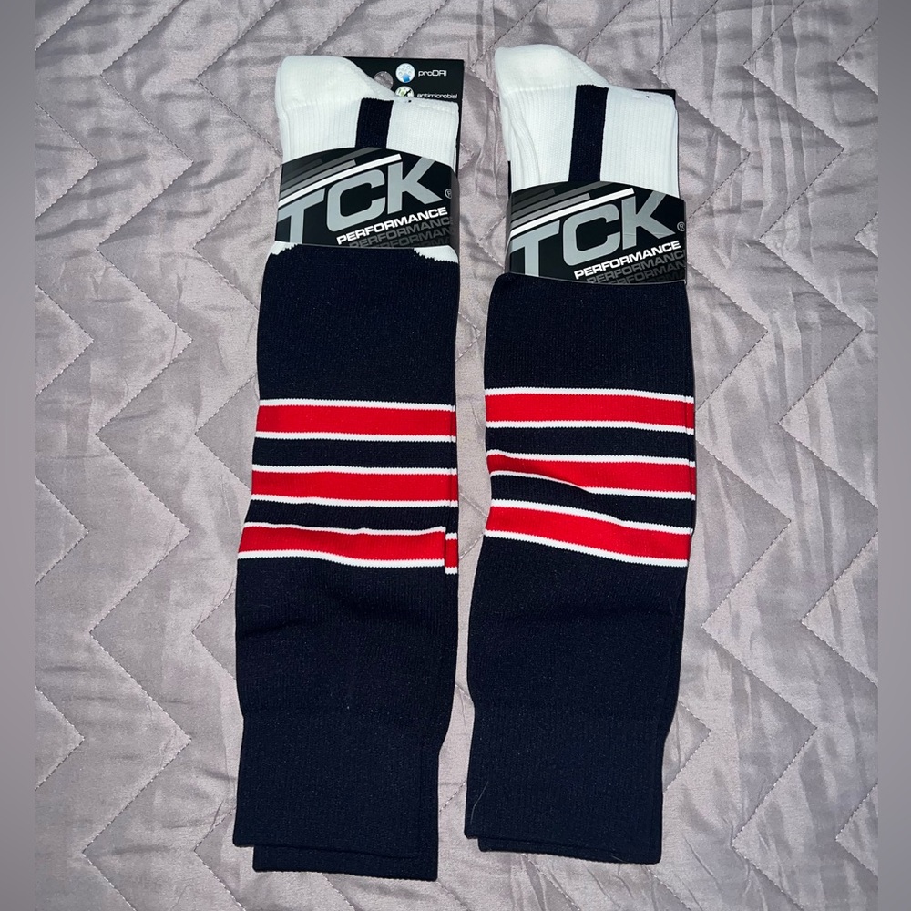 TCK Performance Men's Athletic Crew Socks - Navy with Red & White Stripes